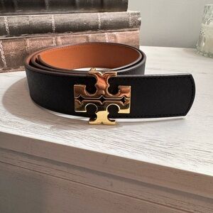 Tory Burch Black and Tan Belt with Gold Logo